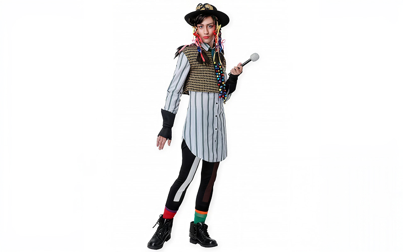 Person wearing Chameleon pop star 80s outfit holding microphone.